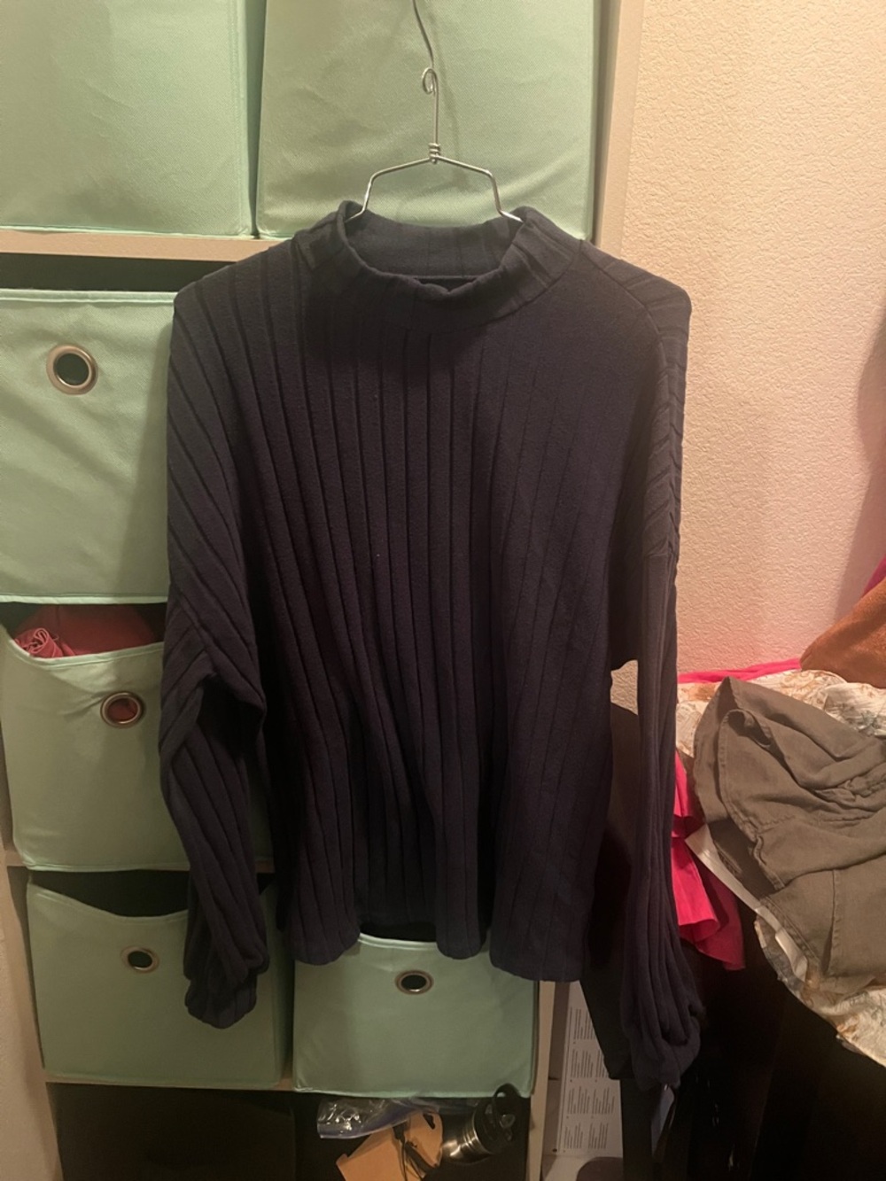 Women's Navy Ribbed Mock Neck Long Sleeve Top